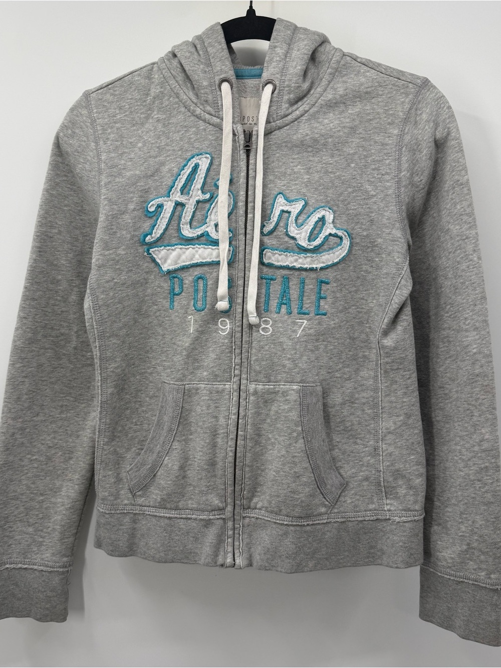 Aeropostale Light Gray Zip Hoodie with Teal Embroidery